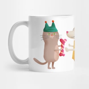 Illustration of a cat giving a bone to a dog as gift Mug